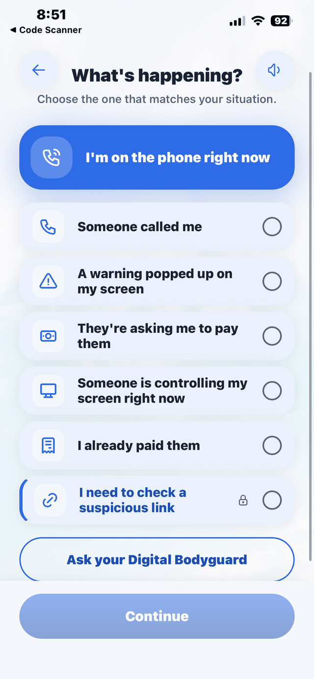 Bikn triage screen: What's happening? Choose the one that matches your situation, with options like Someone called me, A warning popped up on my screen, and They're asking me to pay them.